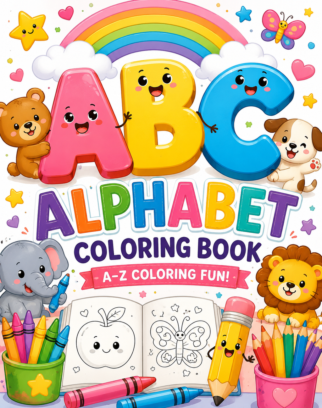 Colorful children's coloring book cover featuring large smiling letters ABC, a rainbow, cartoon animals including a bear, dog, elephant, lion, and butterflies, crayons, pencils, and an open coloring page.