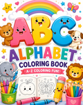 Colorful children's coloring book cover featuring large smiling letters ABC, a rainbow, cartoon animals including a bear, dog, elephant, lion, and butterflies, crayons, pencils, and an open coloring page.