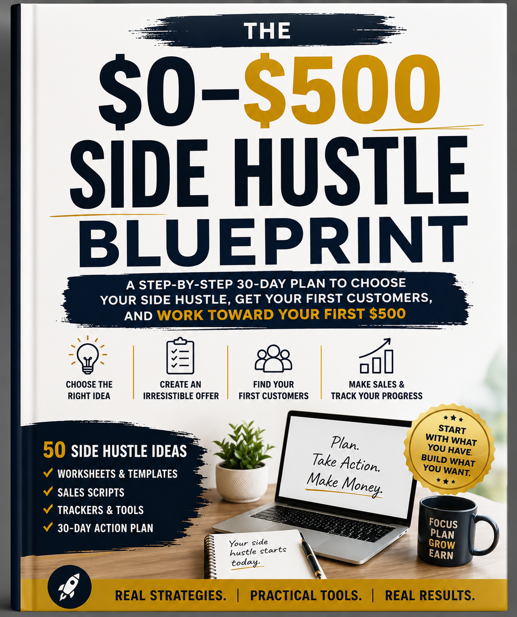 The $0-$5000 Side Hustle Blueprint book cover, featuring a white background with bold black and yellow typography, a dark blue brushstroke banner, and a small desk scene at the bottom showing a laptop, notebook, and mug.