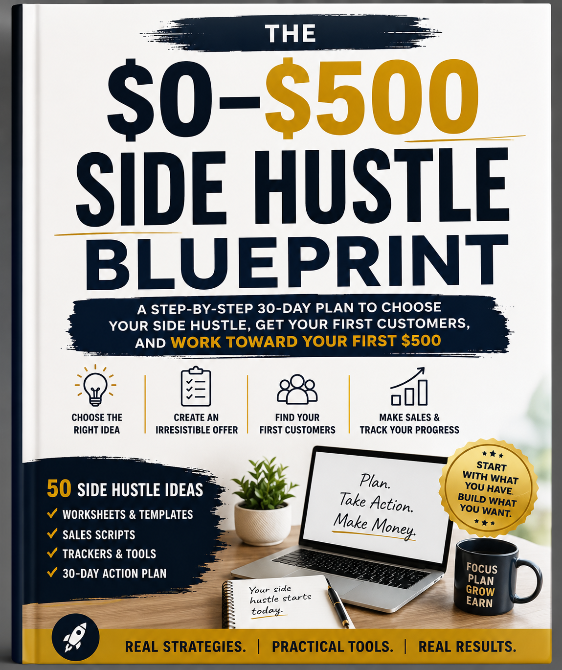 The $0-$5000 Side Hustle Blueprint book cover, featuring a white background with bold black and yellow typography, a dark blue brushstroke banner, and a small desk scene at the bottom showing a laptop, notebook, and mug.