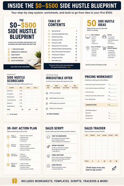 A digital infographic preview of the '$0-$500 Side Hustle Blueprint' showing various worksheet, template, script, and tracker pages laid out in a clean grid layout. The design features a dark navy blue header and footer with white and beige content panels.