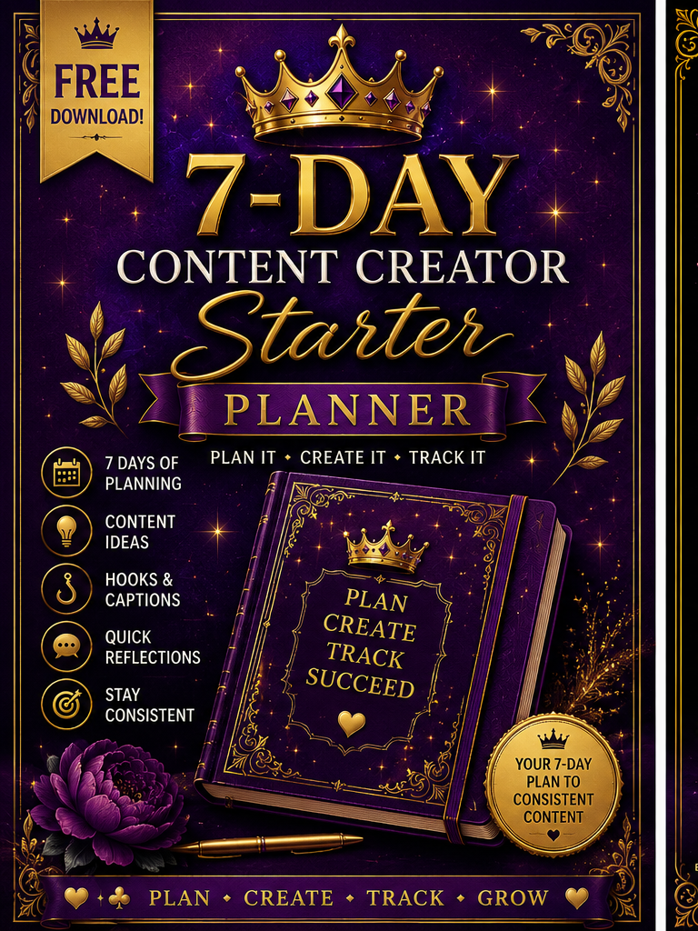 Promotional graphic for a 7-Day Content Creator Starter Planner, featuring a dark purple and gold design with a crown, decorative borders, a large planner book, and text outlining included planning and content ideas.