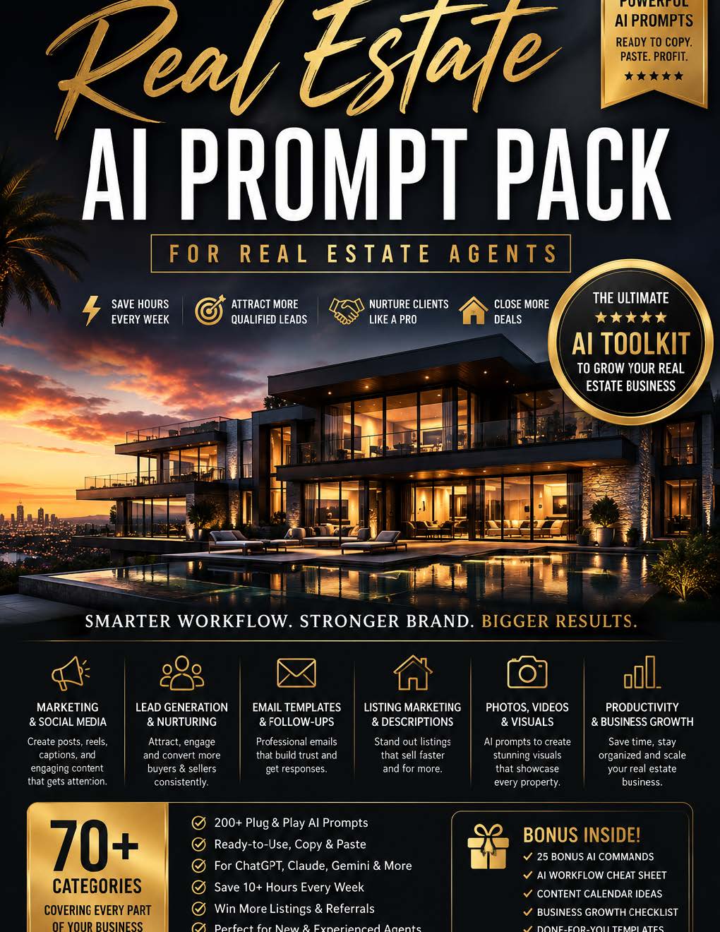 Promotional graphic for a 'Real Estate AI Prompt Pack' designed for real estate agents. The image features a modern luxury apartment building at sunset in the background, with bold text overlays detailing the product's features, such as 'AI PROMPT PACK', '70+ CATEGORIES', and 'BONUS INSIDE!'.