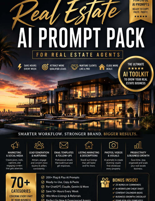 Promotional graphic for a 'Real Estate AI Prompt Pack' designed for real estate agents. The image features a modern luxury apartment building at sunset in the background, with bold text overlays detailing the product's features, such as 'AI PROMPT PACK', '70+ CATEGORIES', and 'BONUS INSIDE!'.