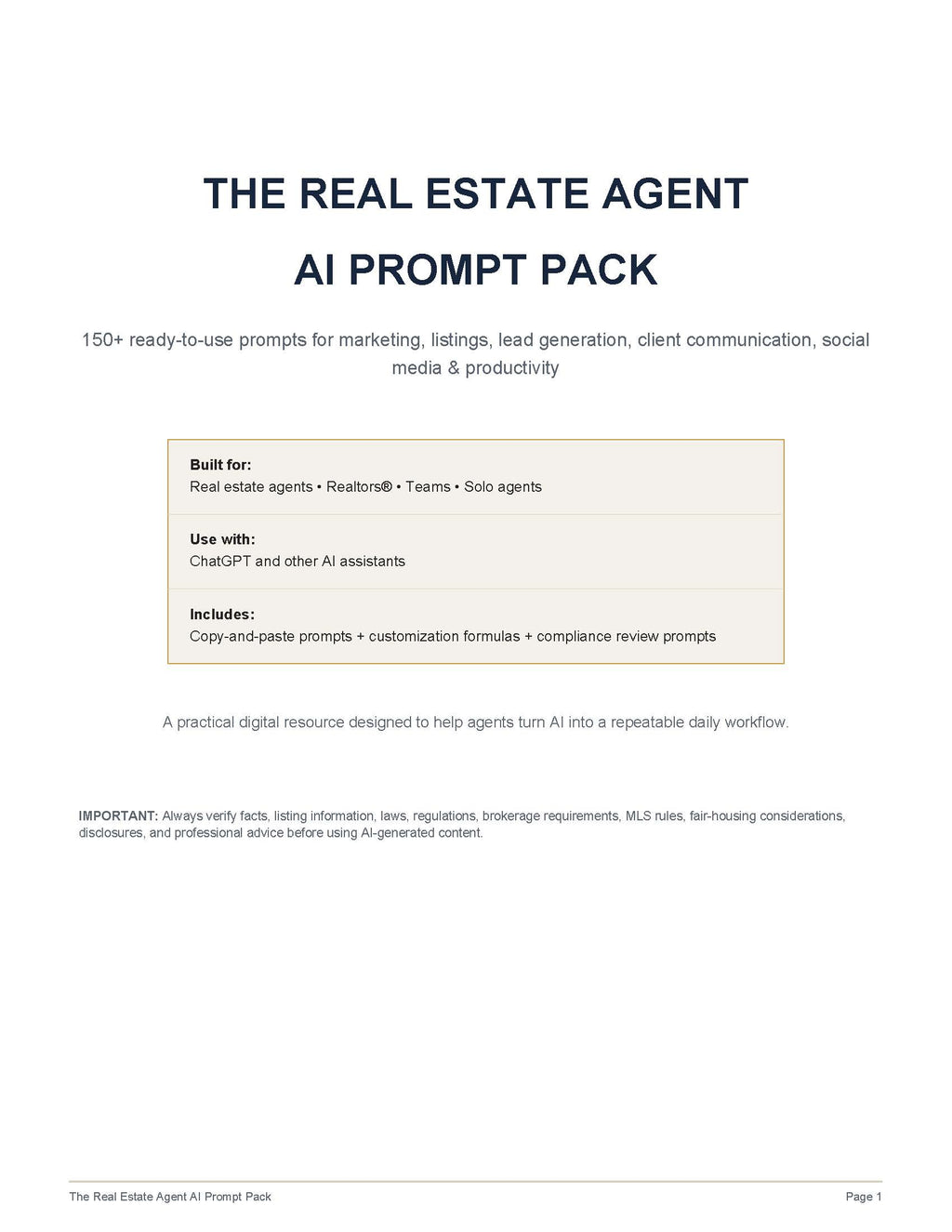 A digital cover page for 'The Real Estate Agent AI Prompt Pack' on a white background. The page features dark blue text and a light beige box outlining features such as being built for real estate agents, teams, and solo agents, and what it uses with ChatGPT and other AI assistants.