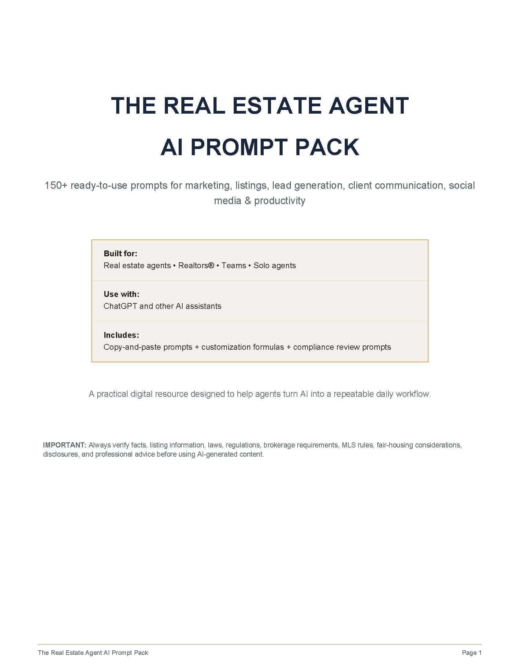 A digital cover page for 'The Real Estate Agent AI Prompt Pack' on a white background. The page features dark blue text and a light beige box outlining features such as being built for real estate agents, teams, and solo agents, and what it uses with ChatGPT and other AI assistants.