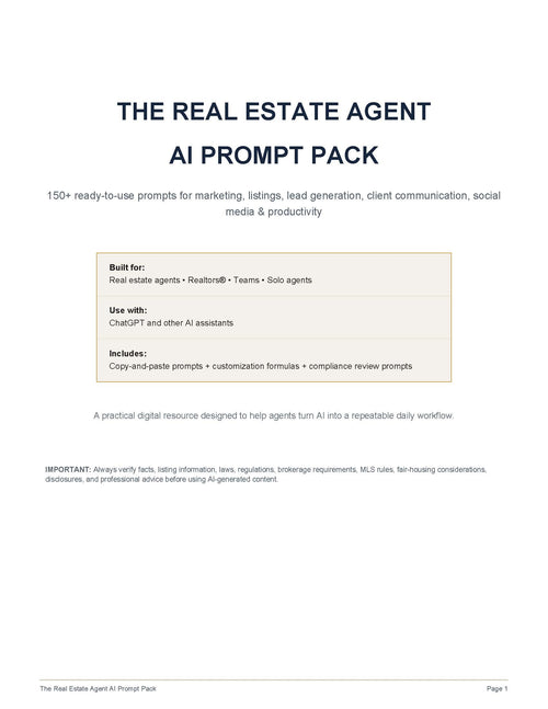 A digital cover page for 'The Real Estate Agent AI Prompt Pack' on a white background. The page features dark blue text and a light beige box outlining features such as being built for real estate agents, teams, and solo agents, and what it uses with ChatGPT and other AI assistants.
