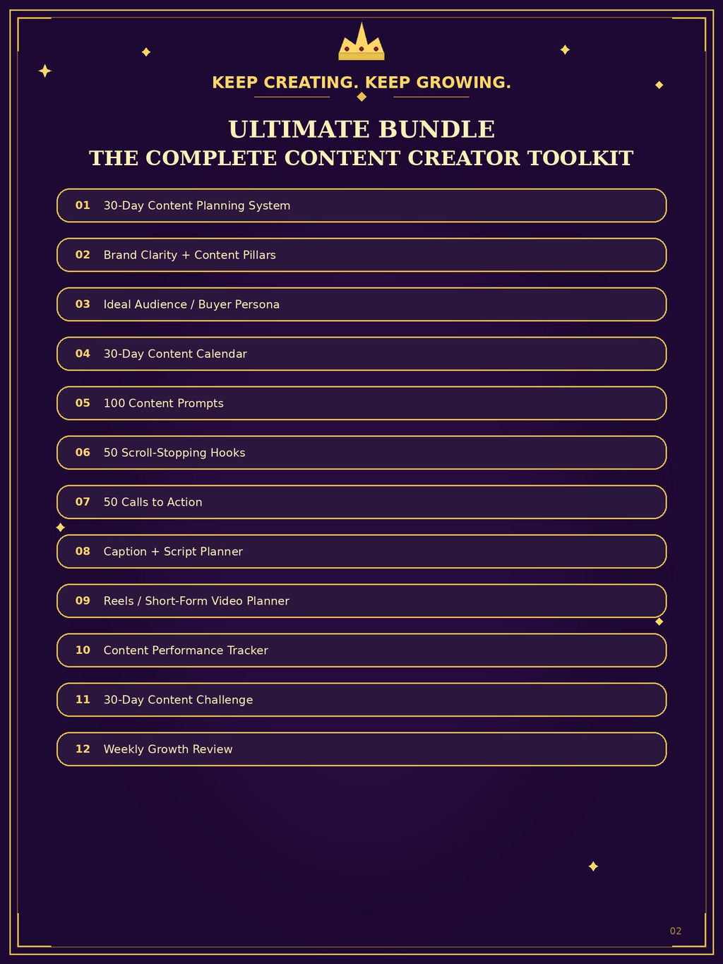 A dark purple digital cover page for an 'Ultimate Bundle: The Complete Content Creator Toolkit' with gold text, decorative corner stars, and a numbered list of 12 included tools and planners.