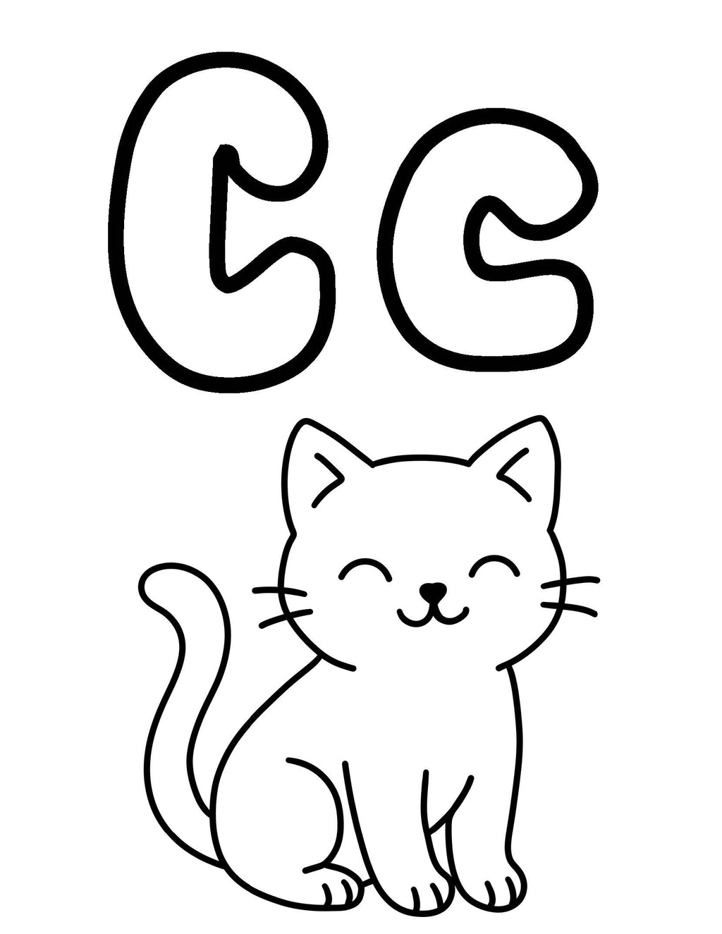 Cute smiling cat coloring page with large “c” letter above